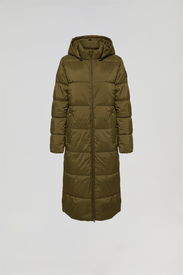 Green Cósima long coat with removable hood and side vents