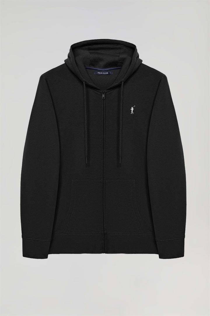 Black zip-through hoodie with Rigby Go logo