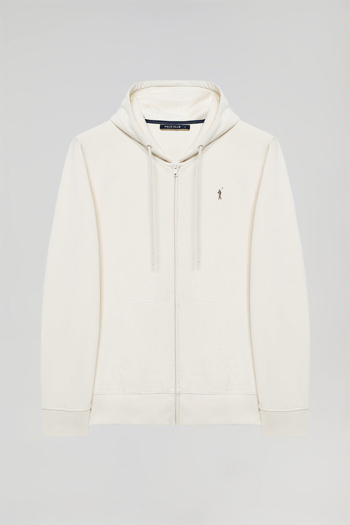 Beige zip-through hoodie with Rigby Go logo