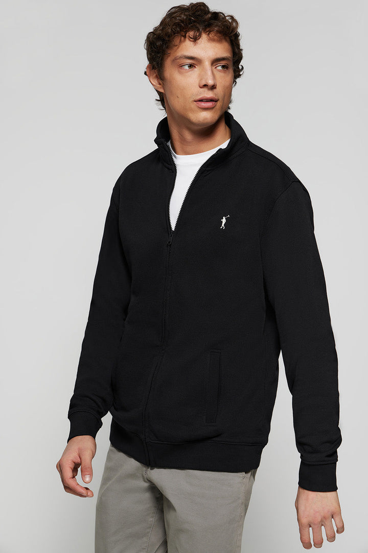 Black high-neck open sweatshirt with Rigby Go logo