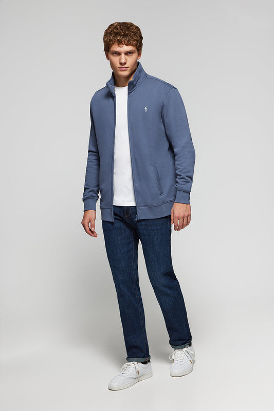 Jeansblauwe sweater met rits en opstaande kraag met Rigby Go-logo