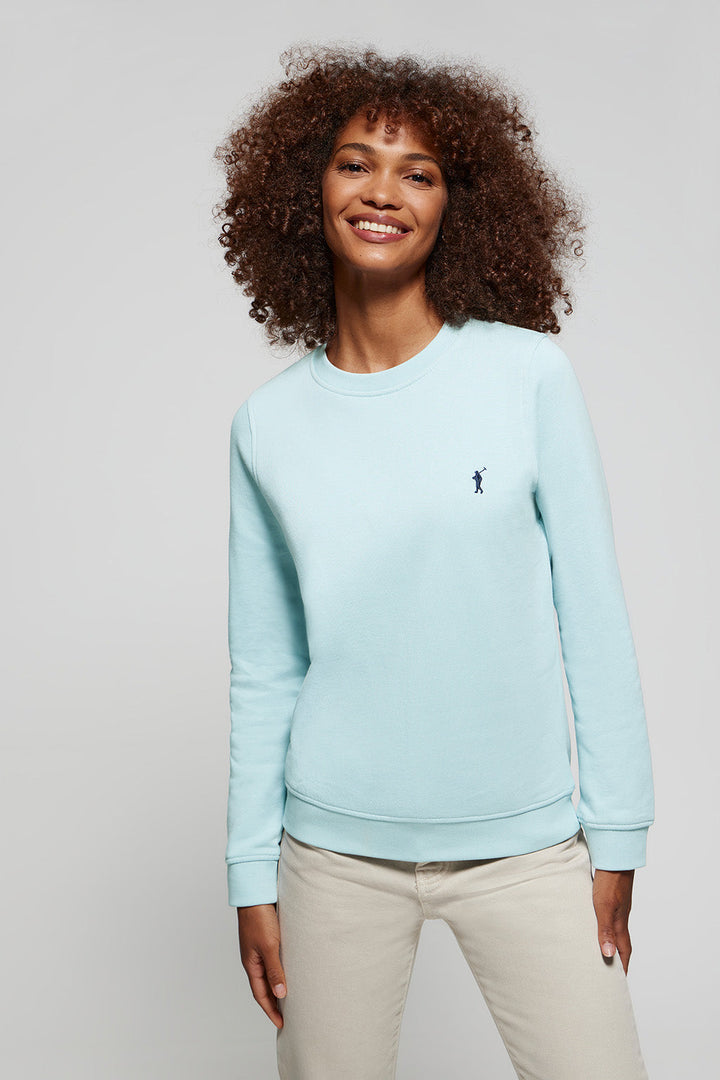 Basic lichtblauwe sweater met ronde hals en Rigby Go-logo
