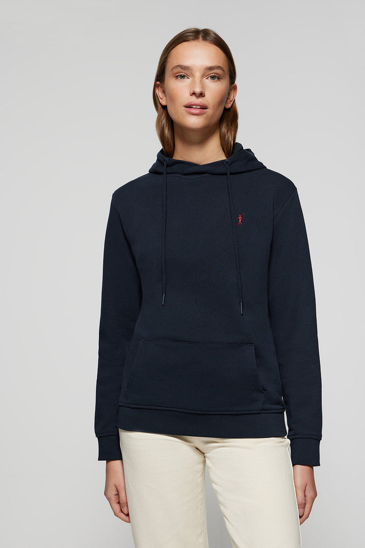 Sweatshirt marineblau mit Kapuze, Taschen und Rigby Go Logo