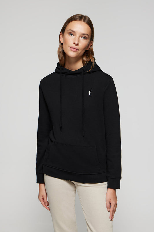 Black hoodie with pockets and Rigby Go logo