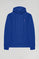 Royal-blue hoodie with pockets and Rigby Go logo