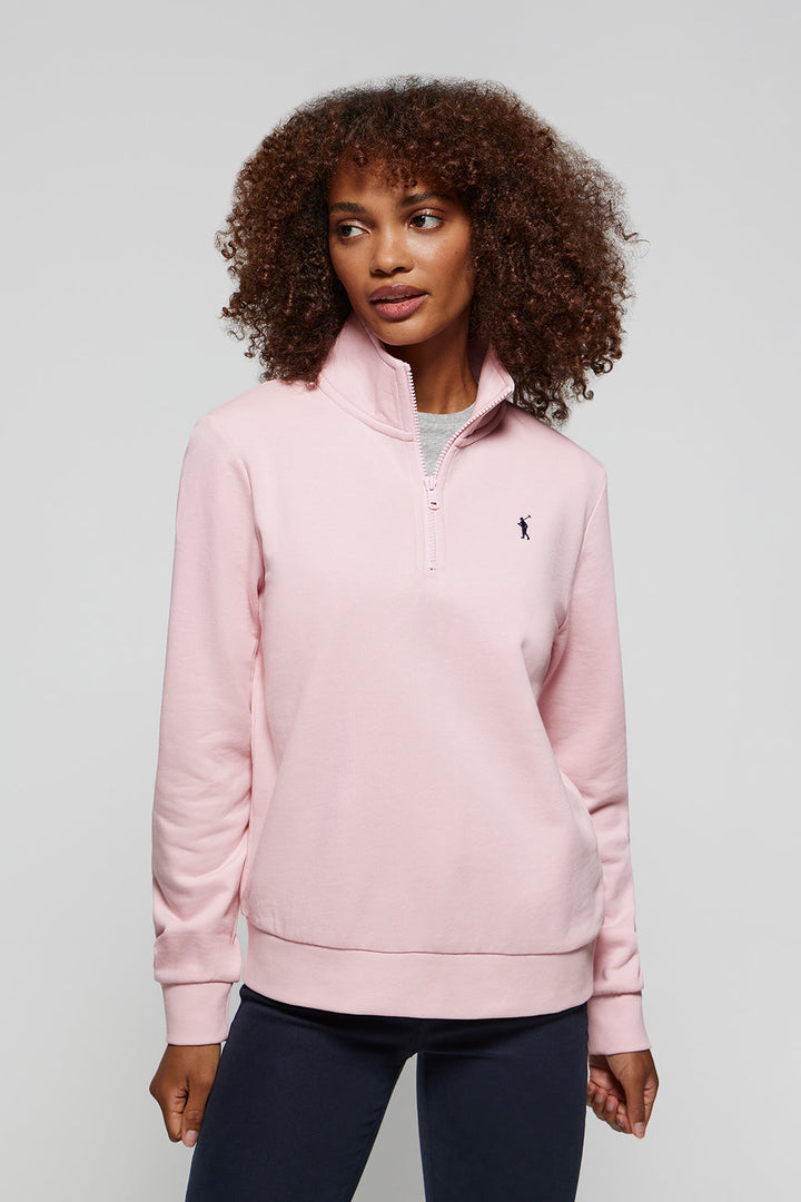 Pink half-zip sweatshirt with Rigby Go logo