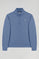 Denim-blue half-zip sweatshirt with Rigby Go logo