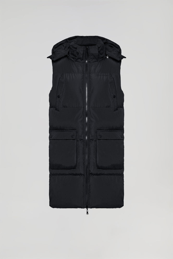 Black long puffer vest with pockets and Polo Club print
