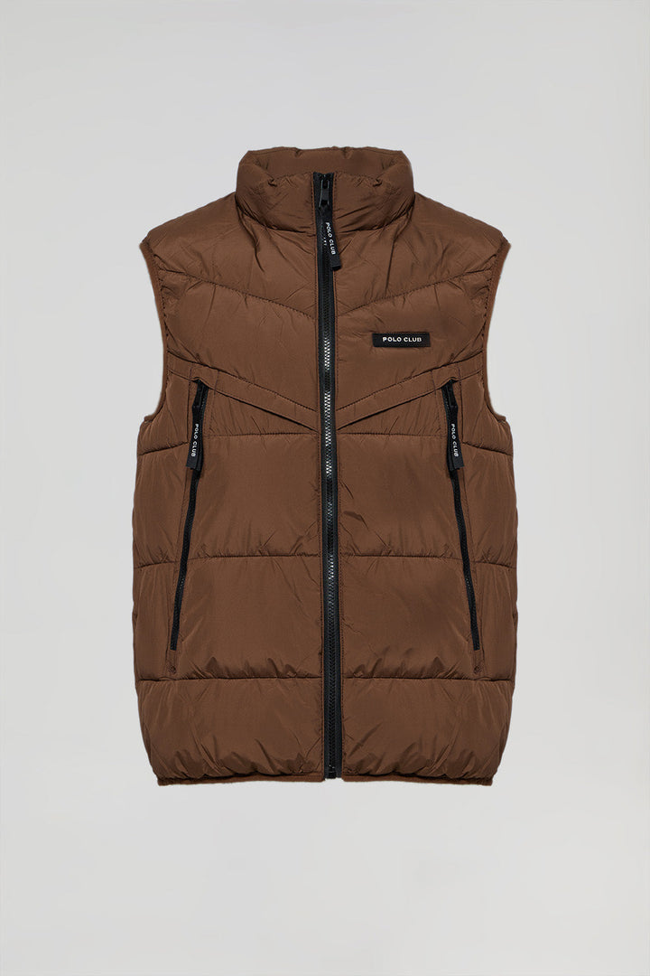 Brown puffer vest with branded details
