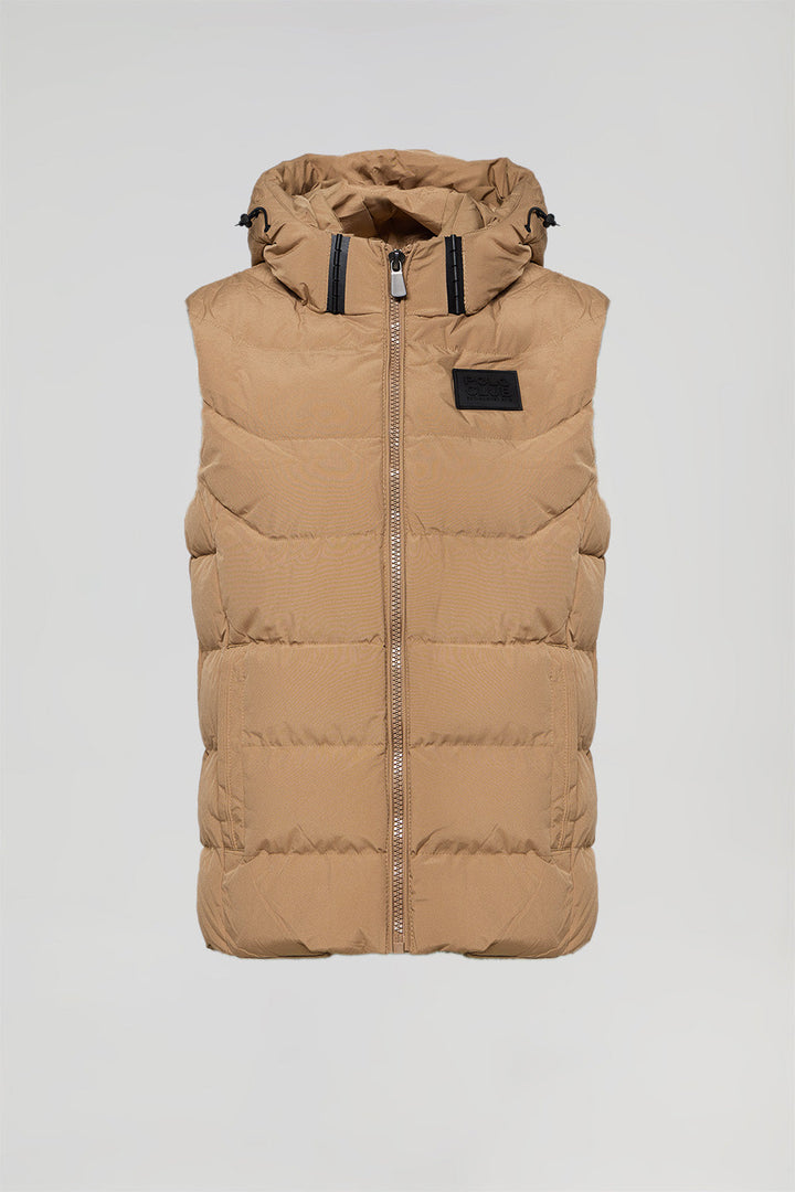 Camel puffer vest with hood and Polo Club details