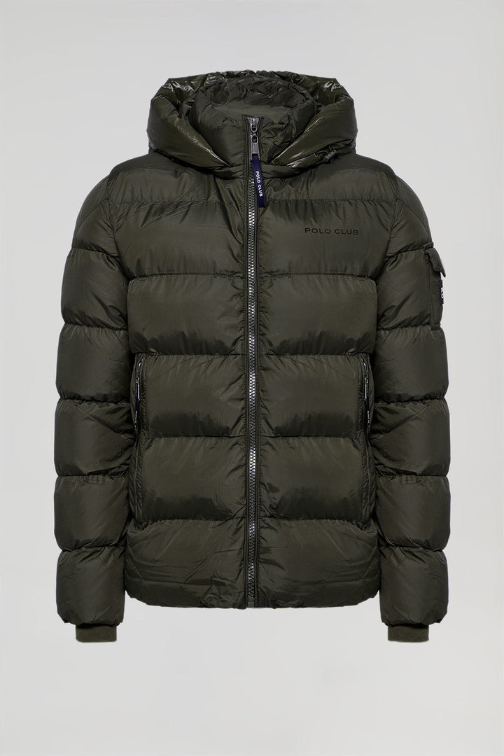 Green puffer jacket with hood and Polo Club details