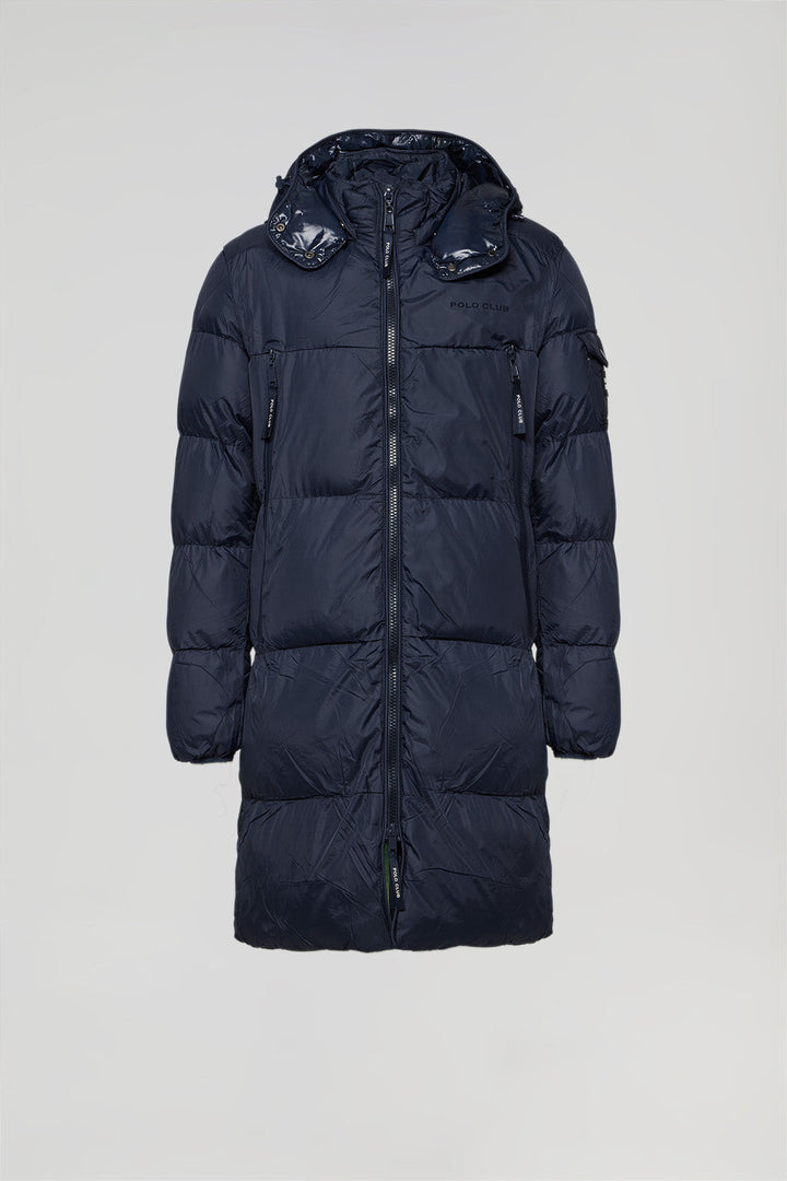 Navy-blue puffer coat with hood and Polo Club details