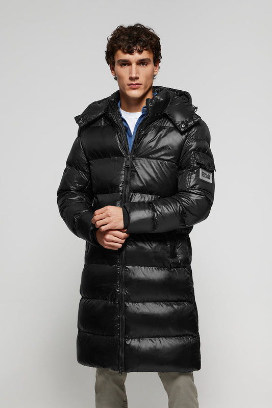 Black long puffer coat with Polo Club print and patch