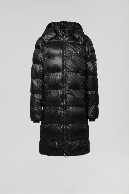 Black long puffer coat with Polo Club print and patch