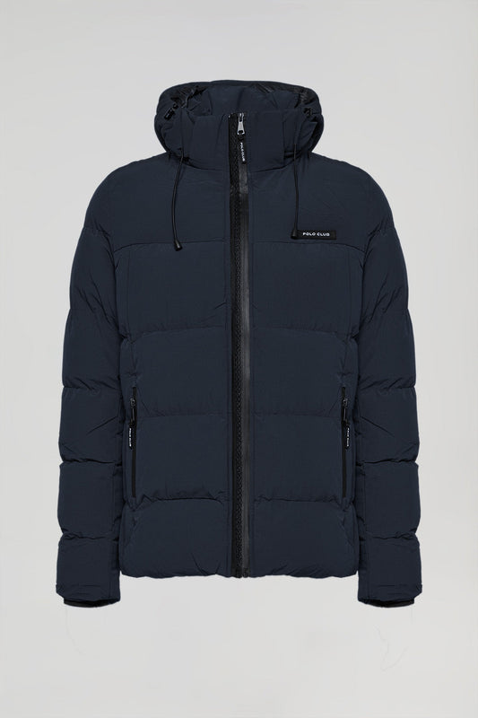 Navy-blue puffer jacket with hood and Polo Club details