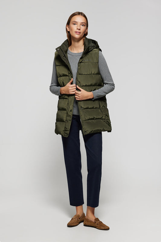 Green puffer vest with hood and Polo Club print