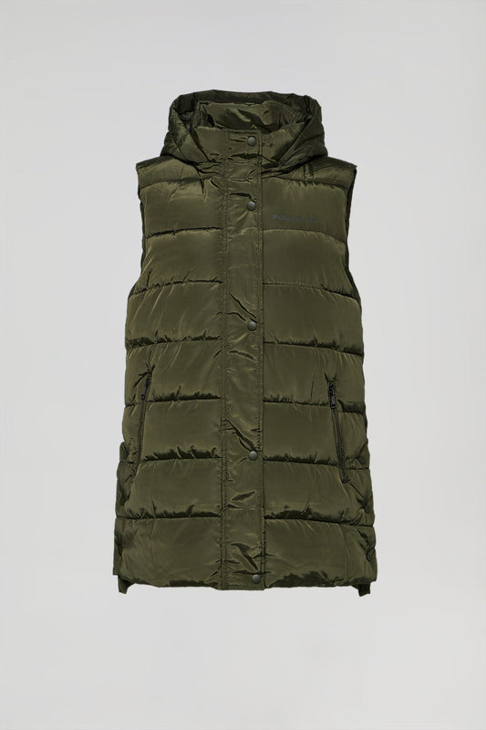Green puffer vest with hood and Polo Club print