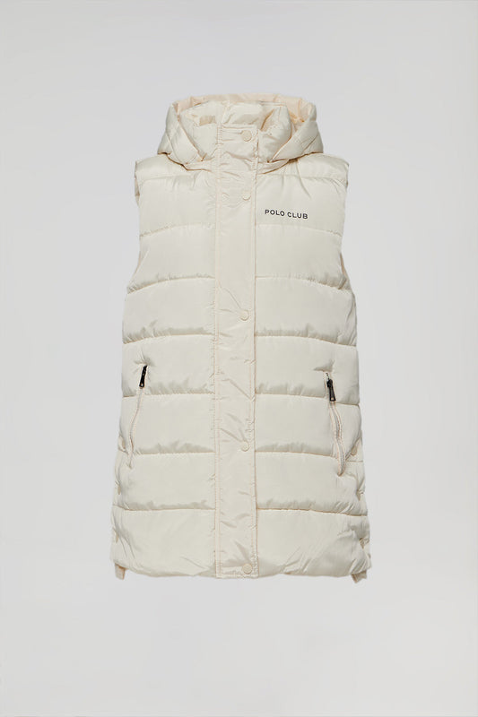 White puffer vest with hood and Polo Club print