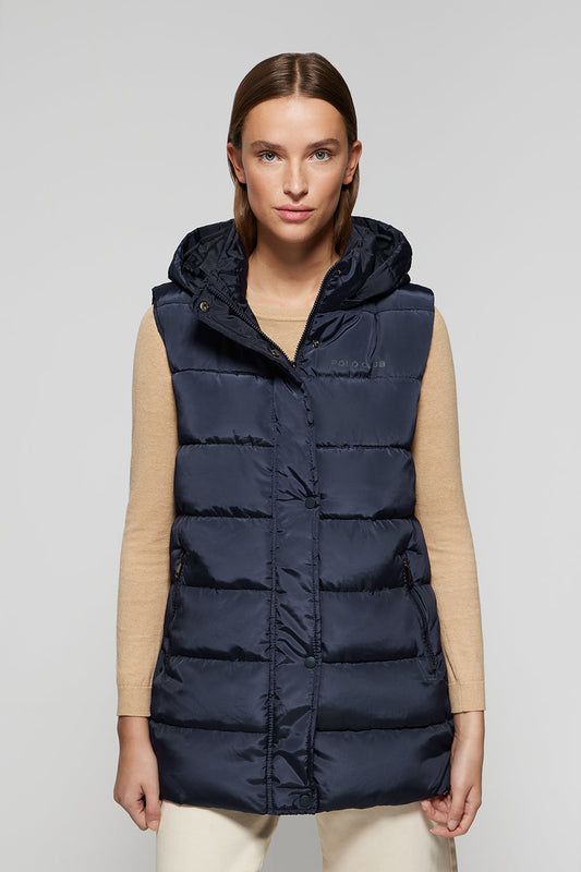 Navy-blue puffer vest with hood and Polo Club print