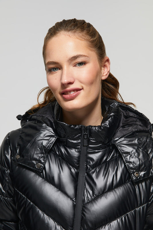 Black metal-effect puffer coat with hood and Polo Club details