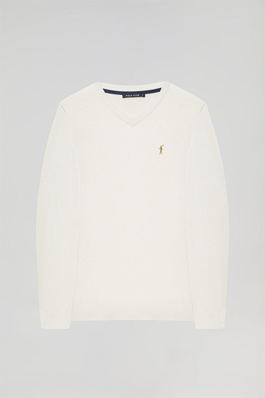 Uniwersalny sweter w kolorze złamanej bieli z dekoltem w szpic i logo Rigby Go
