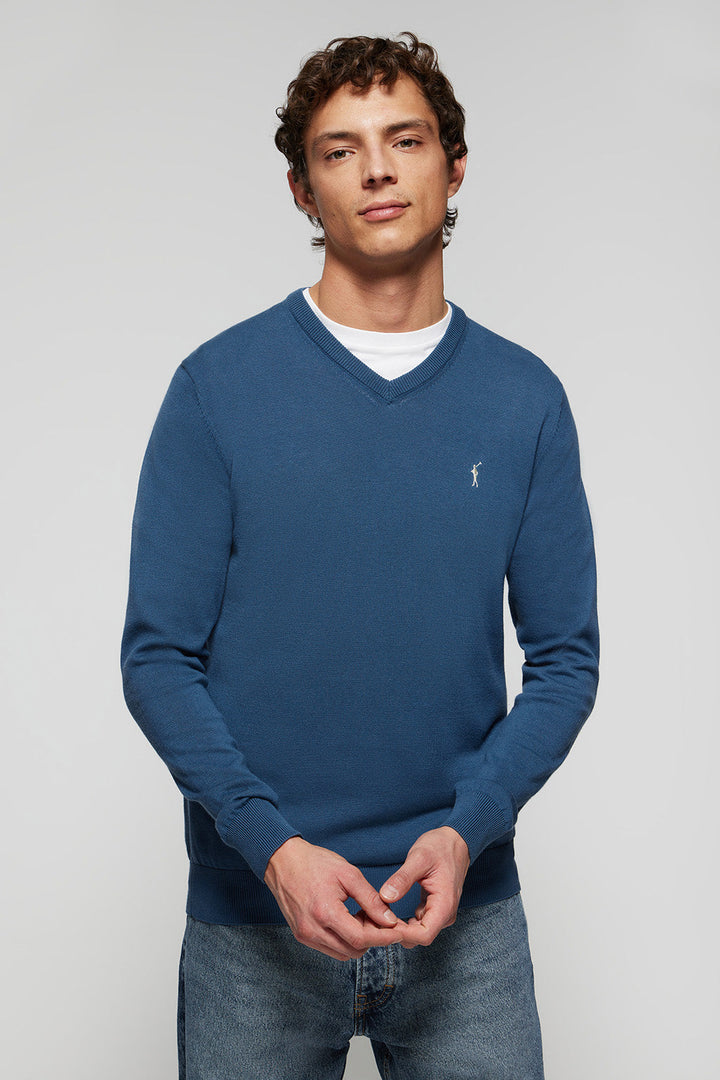 Denim-blue V-neck basic jumper with Rigby Go logo