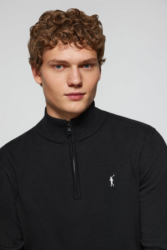 Black high-neck knit jumper with zip and Rigby Go logo