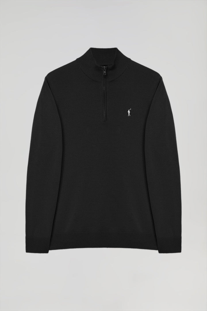 Black high-neck knit jumper with zip and Rigby Go logo