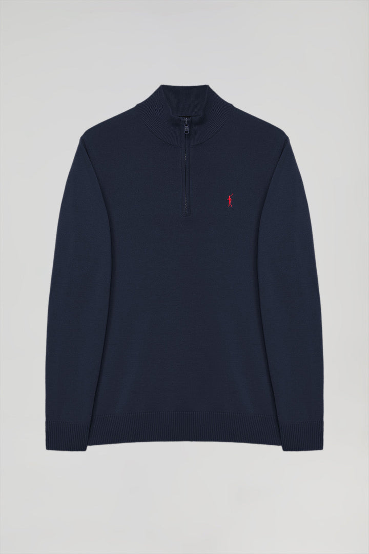 Navy-blue high-neck knit jumper with zip and Rigby Go logo