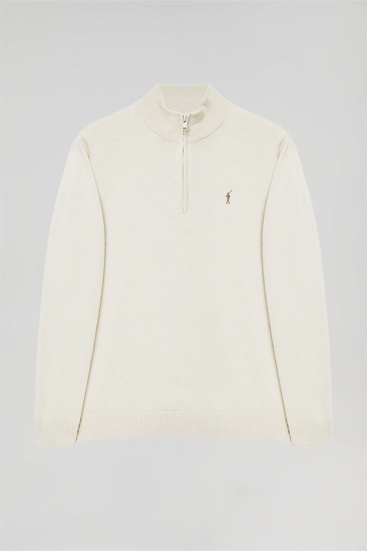 Off-white high-neck knit jumper with zip and Rigby Go logo