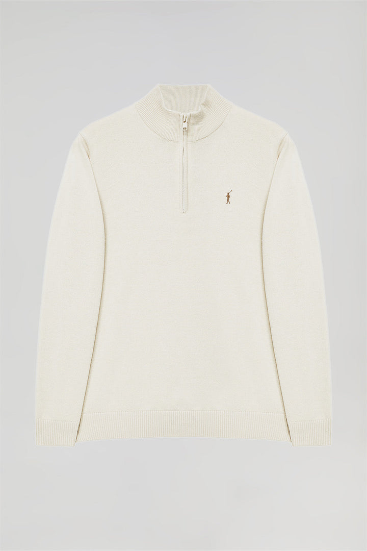 Off-white high-neck knit jumper with zip and Rigby Go logo