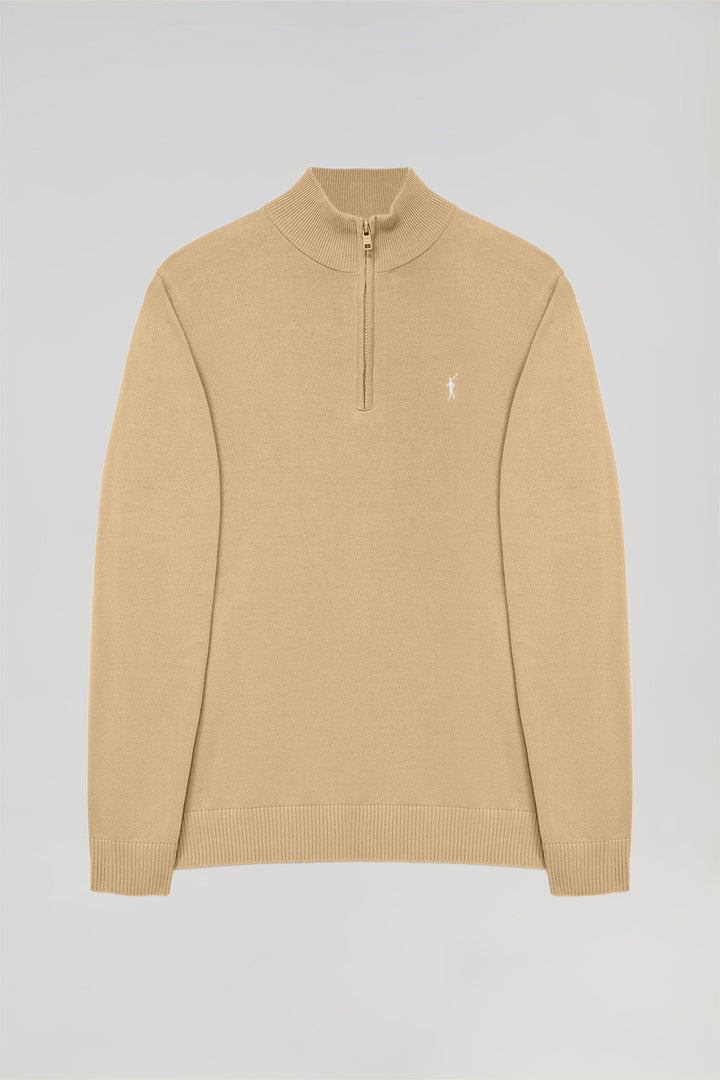 Camel high-neck knit jumper with zip and Rigby Go logo