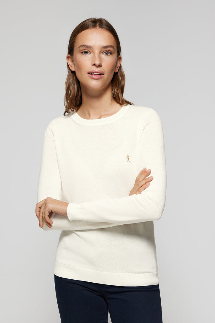 Uniwersalny sweter z dzianiny w kolorze złamanej bieli z okrągłym dekoltem i logo Rigby Go