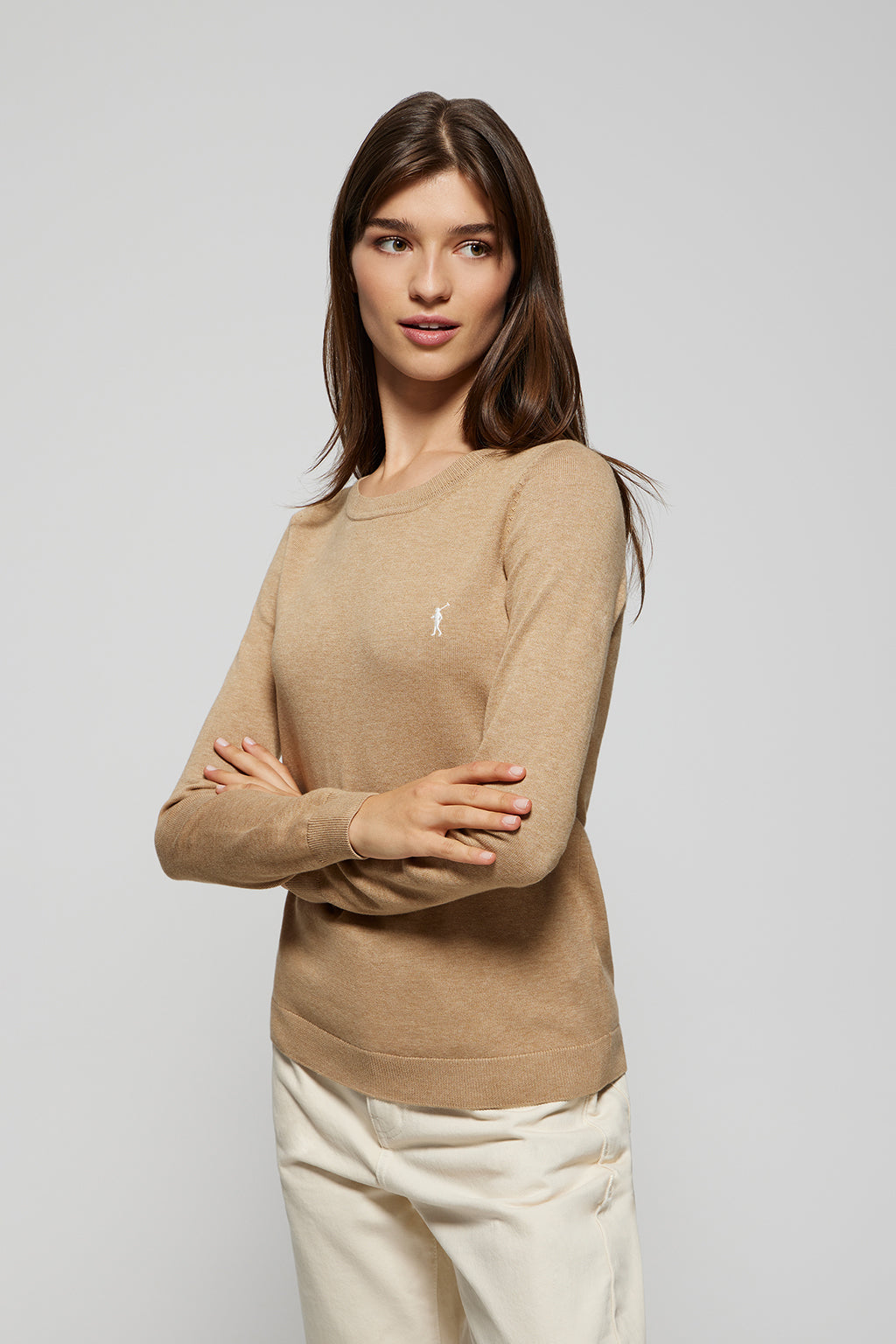 Caramel round neck basic knit jumper with Rigby Go logo Polo