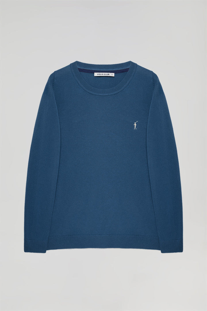 Denim-blue round-neck basic knit jumper with Rigby Go logo