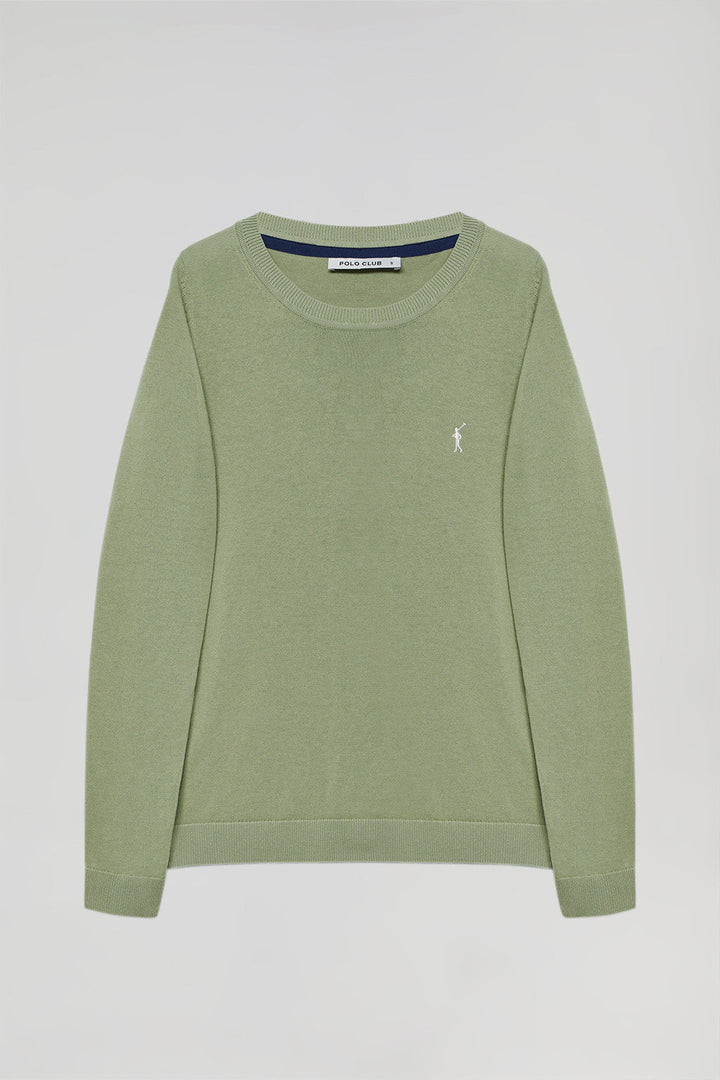 Jade-green round-neck basic knit jumper with Rigby Go logo