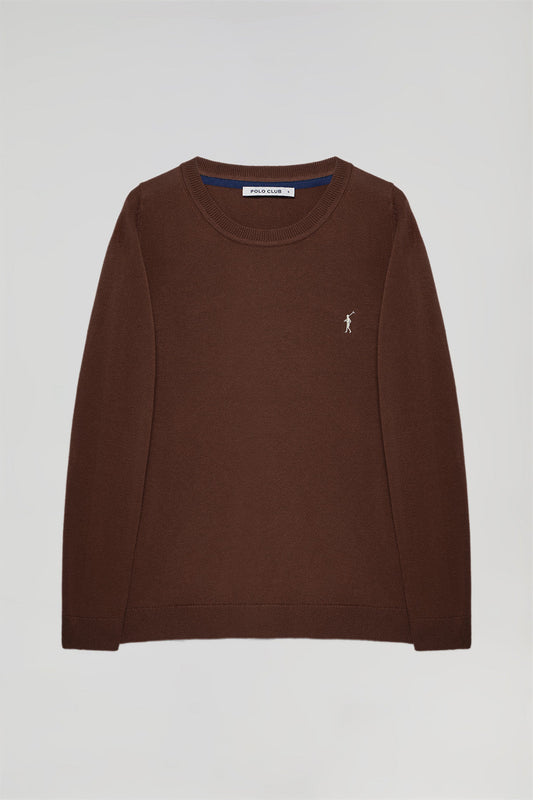 Brown round-neck basic knit jumper with Rigby Go logo