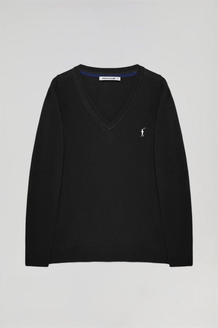Basic zwarte gebreide trui met V-hals en Rigby Go-logo