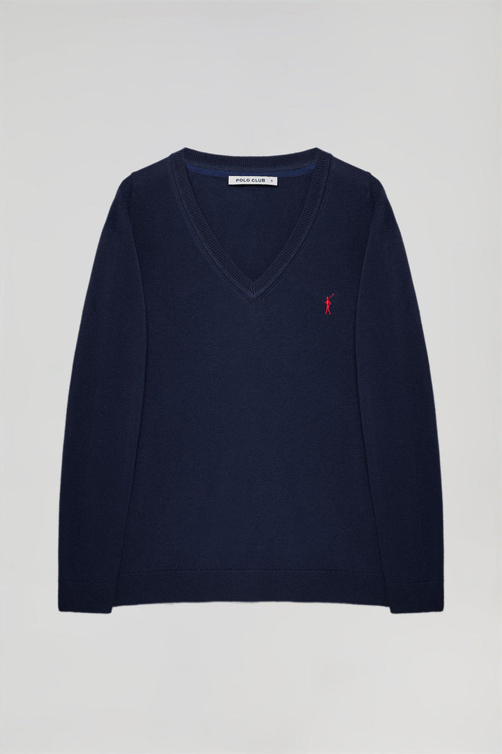 Navy-blue V-neck basic knit jumper with Rigby Go logo