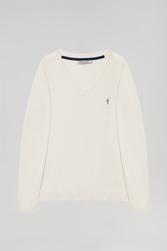 Uniwersalny sweter z dzianiny w kolorze złamanej bieli z dekoltem w szpic i logo Rigby Go
