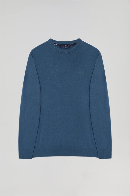 Uniwersalny sweter w kolorze niebieskiego denimu z okrągłym dekoltem i dopasowanym wyszywanym logo