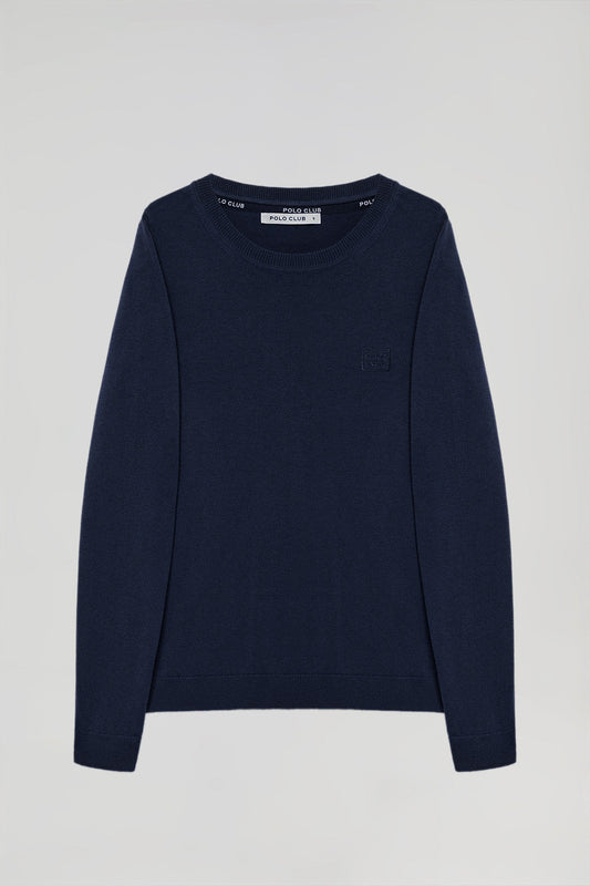 Navy-blue round-neck basic jumper with embroidered logo in matching colour
