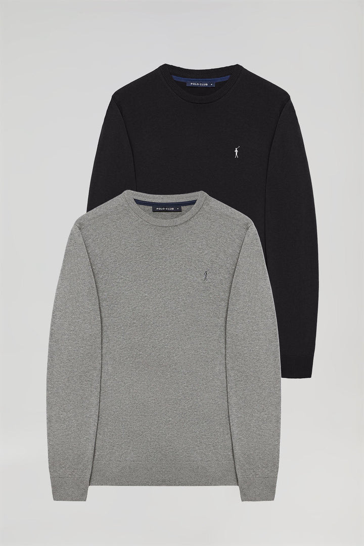 Round-neck jumper with embroidered logo two pack (black and grey marl)