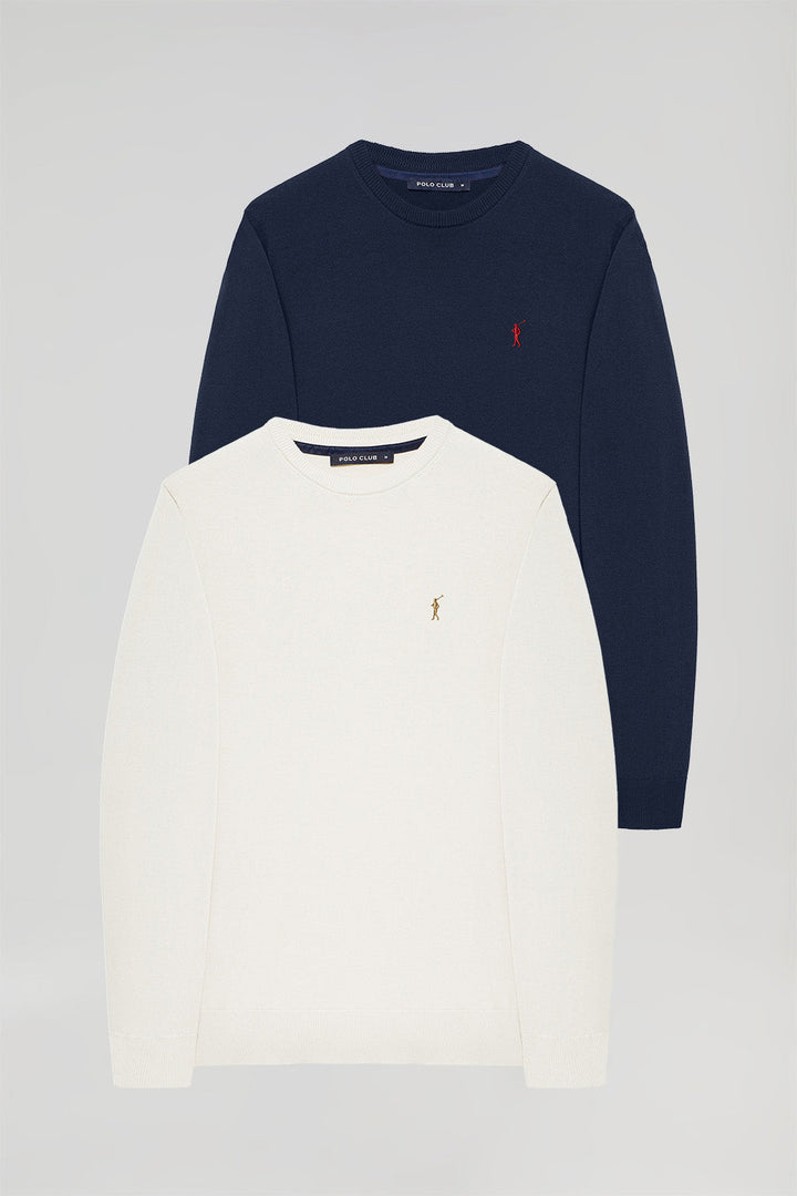 Round-neck jumper with embroidered logo two pack (navy blue and off-white)