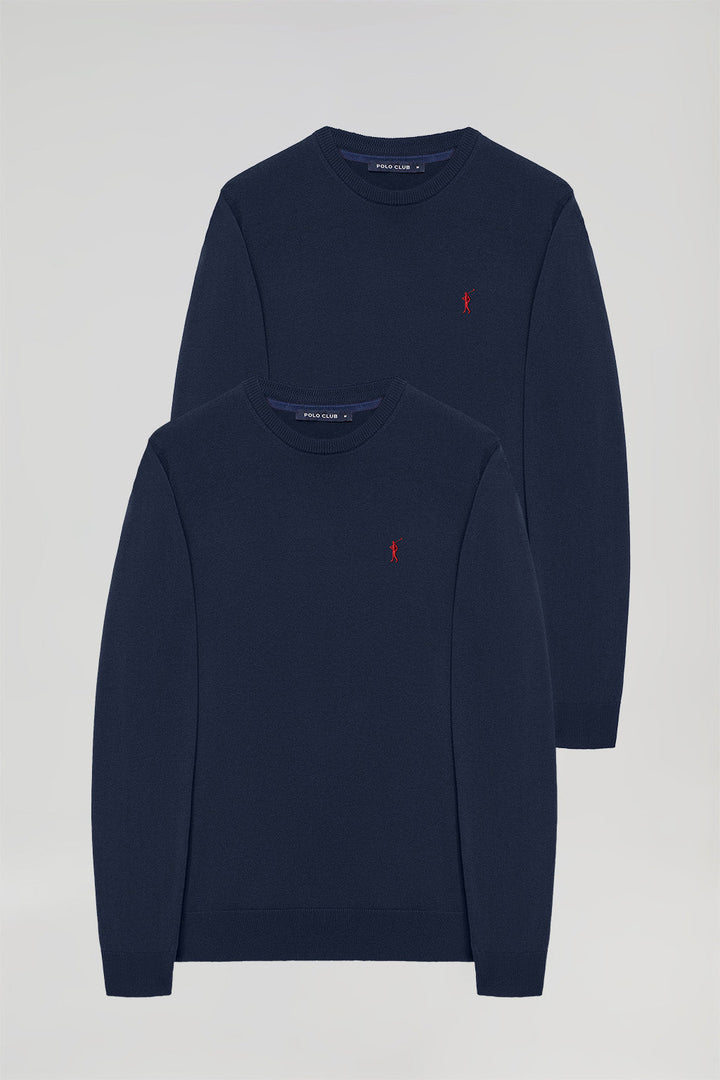 Navy-blue round-neck jumper with embroidered logo two pack