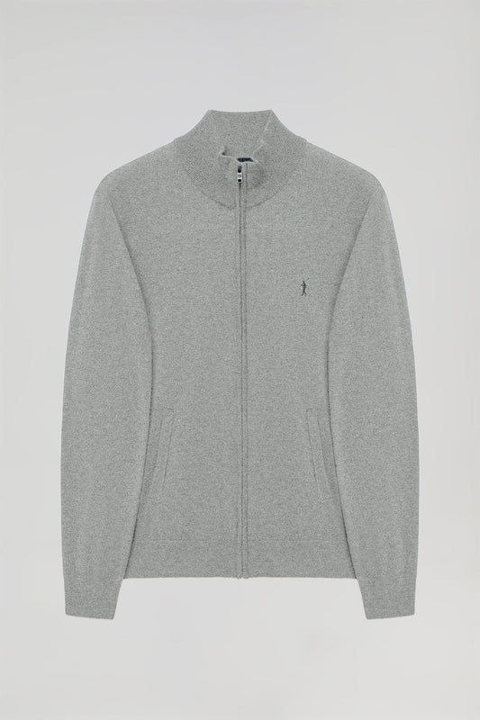 Grey-marl cotton cardigan with zip and Rigby Go embroidery
