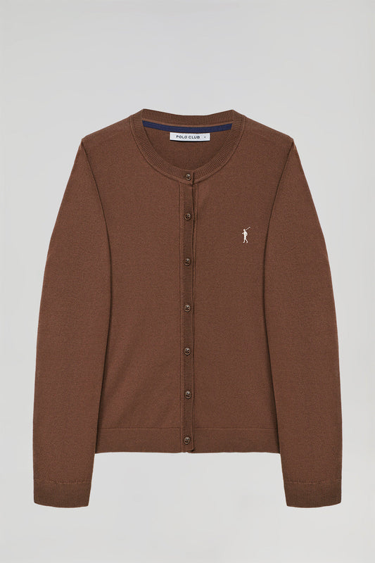 Brown knit cardigan with buttons and embroidered Rigby Go logo