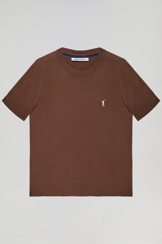 Brown short-sleeve round-neck knit jumper with Rigby Go logo