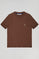 Brown short-sleeve round-neck knit jumper with Rigby Go logo