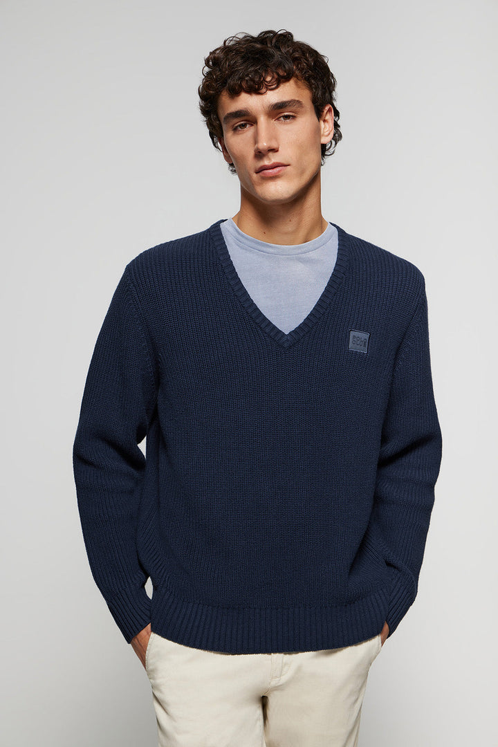 Pull bleu marine en maille en jauge 9 avec détail Polo Club